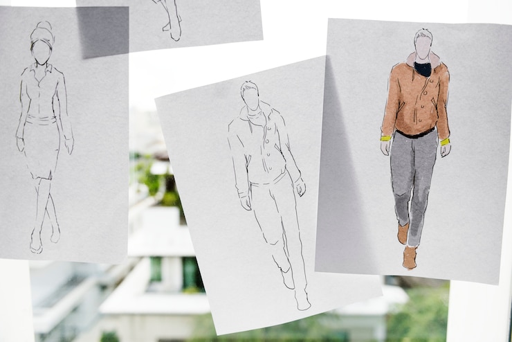 Foto gratuito primer plano de los papeles del diseño del bosquejo de la moda en el vidrio