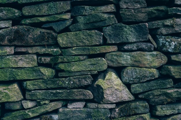 Primer plano de una pared con piedras de diferentes tamaños y formas