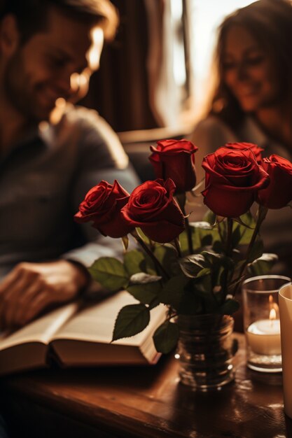 Un primer plano de una pareja con un ramo de flores