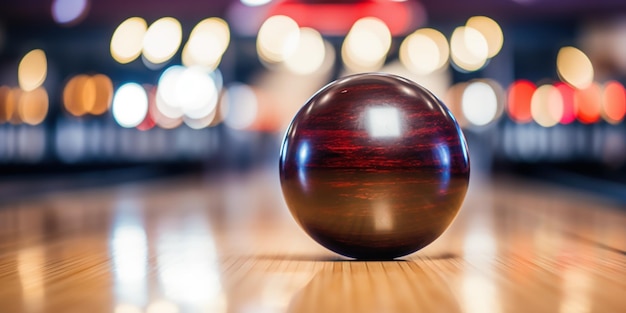 Foto gratuita primer plano de una pelota de bolos con carriles suavemente enfocados detrás