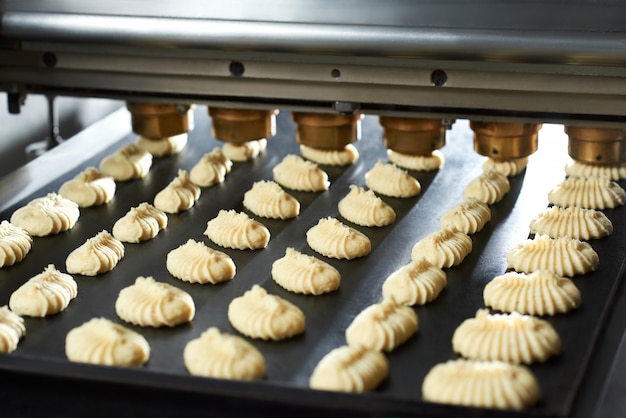 Primer plano de pequeños pasteles de masa cruda en el plato trasero en la línea de panadería.