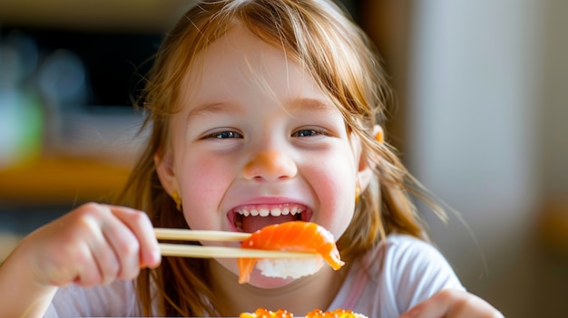 Foto gratuita un primer plano de una persona comiendo sushi.