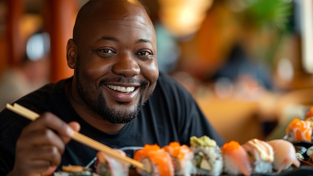 Foto gratuita un primer plano de una persona comiendo sushi.