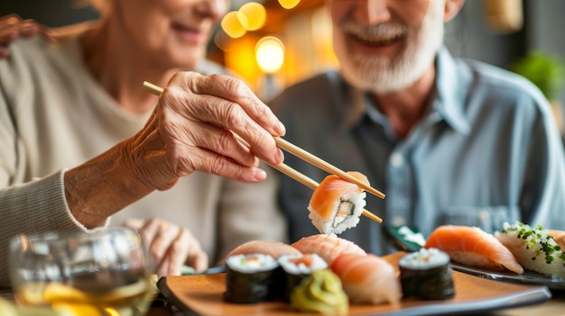 Foto gratuita un primer plano de una persona comiendo sushi.