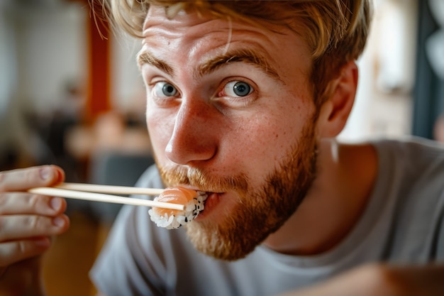 Foto gratuita un primer plano de una persona comiendo sushi.