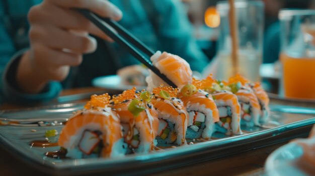 Un primer plano de una persona comiendo sushi.
