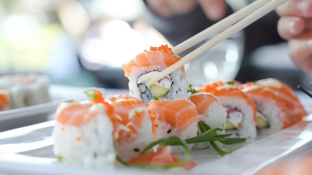 Foto gratuita un primer plano de una persona comiendo sushi.