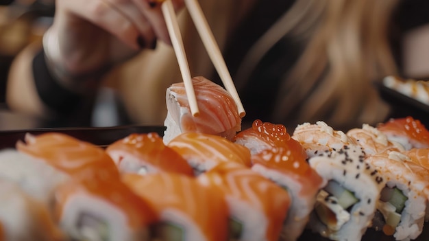 Foto gratuita un primer plano de una persona comiendo sushi.