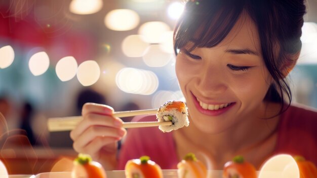 Un primer plano de una persona comiendo sushi.