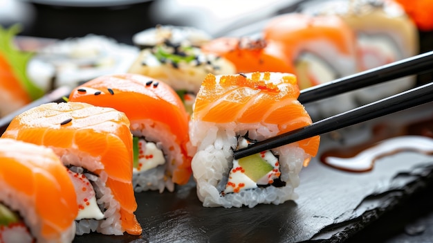 Un primer plano de una persona comiendo sushi.