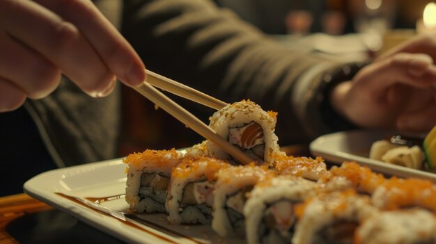 Un primer plano de una persona comiendo sushi.