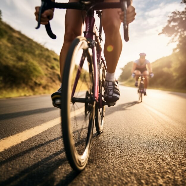 Un primer plano de la persona que anda en bicicleta