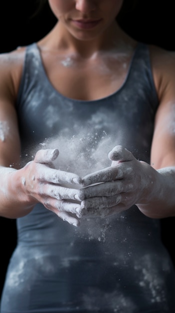 Primer plano de una persona que usa polvo en las manos mientras entrena en gimnasia