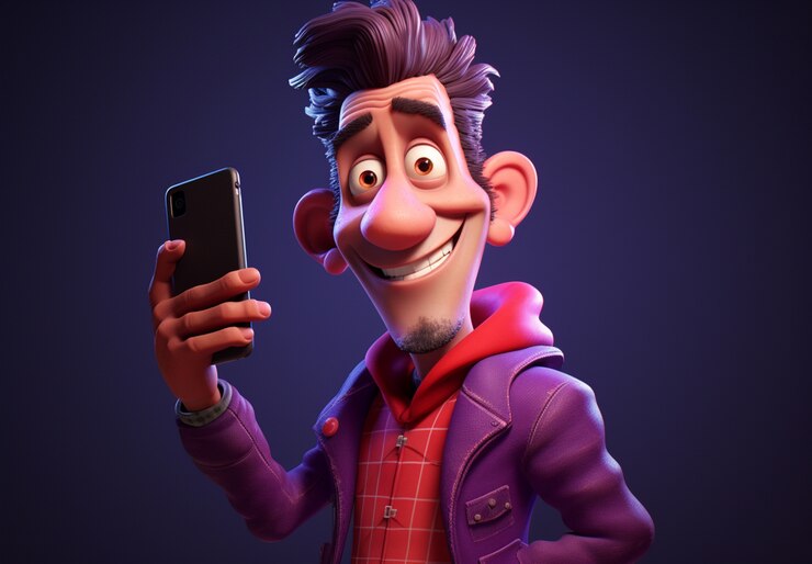 Foto gratuito primer plano del personaje de dibujos animados con teléfono