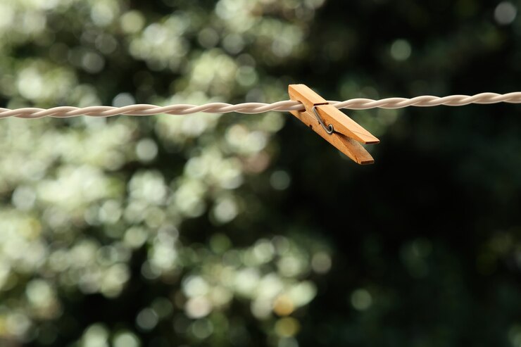 Foto gratuito un primer plano de una pinza de madera sobre un alambre con un fondo natural borroso