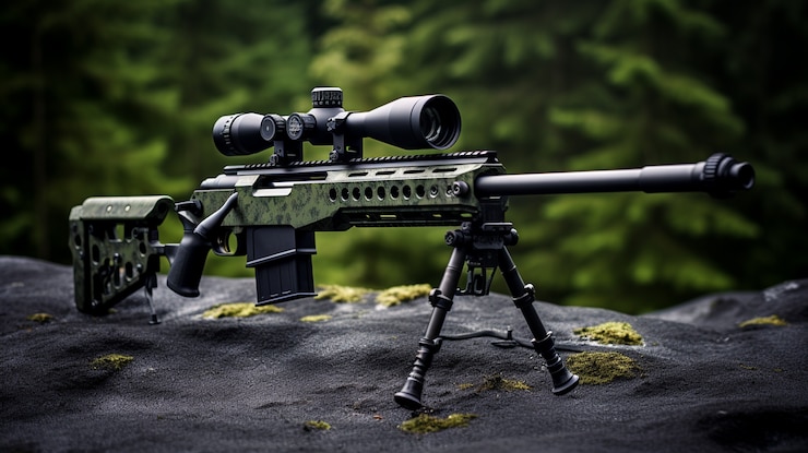 Foto gratuito primer plano de una pistola de francotirador situada en la naturaleza