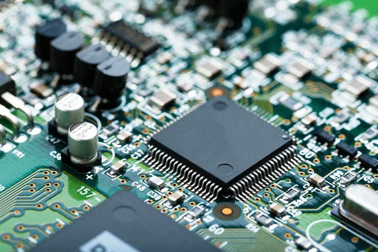 Foto gratuito primer plano de la placa de circuito electrónico con cpu microchip componentes electrónicos de fondo