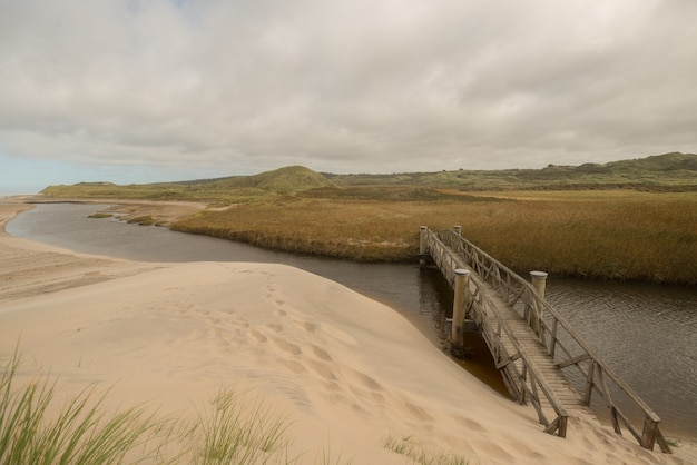 Primer plano de un puente de madera sobre la duna de arena con un día nublado