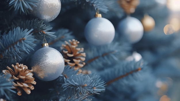 Primer plano de la rama de un árbol de Navidad con adornos