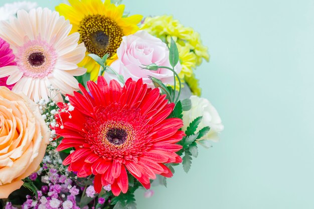 Primer plano de ramo de flores sobre fondo de color