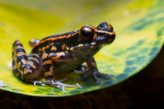 Primer plano de rana Hylarana picturata en hojas amarillas