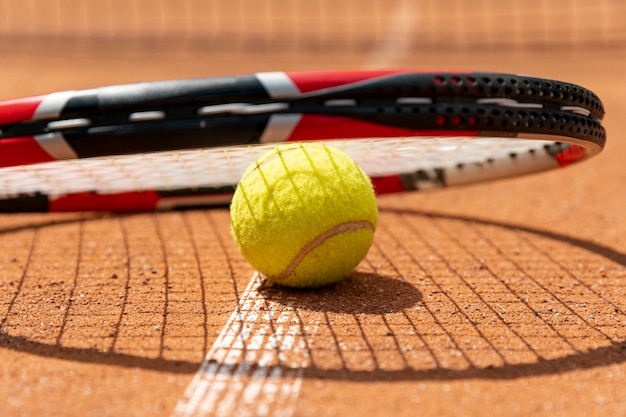 Primer plano raqueta de tenis sobre pelota