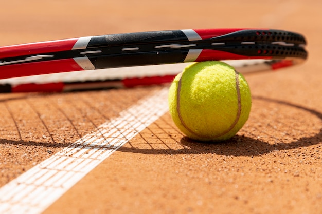 Primer plano raqueta de tenis sobre pelota