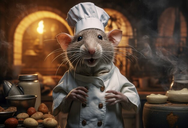 Primer plano de la rata chef en la cocina