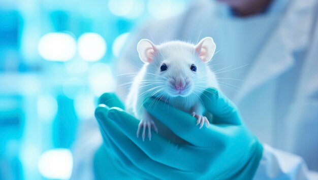 Primer plano de una rata sostenida en la mano por un científico