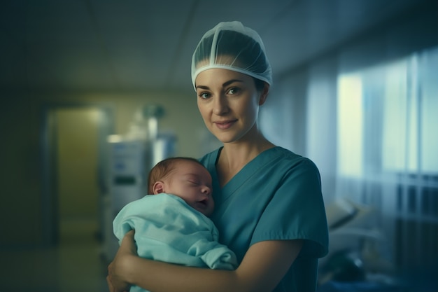 Primer plano del recién nacido con la enfermera