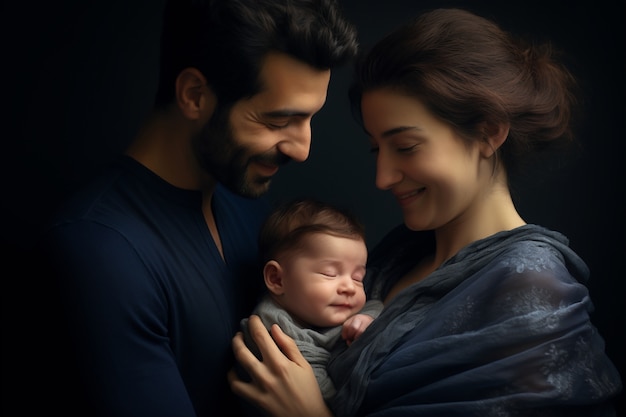 Un primer plano de un recién nacido con sus padres