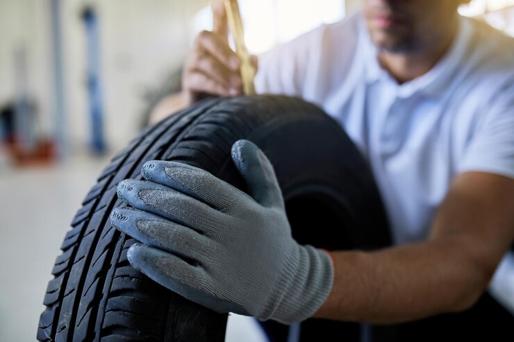 Foto gratuito primer plano de un reparador de automóviles que mide la profundidad del neumático de un automóvil en un taller de reparación de automóviles