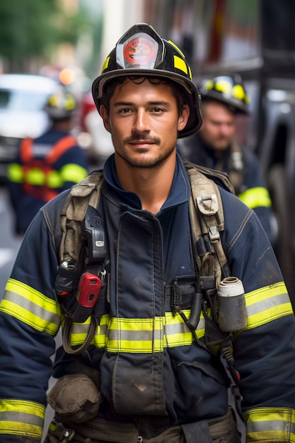 Primer plano del retrato de un bombero en la ciudad de nueva york
