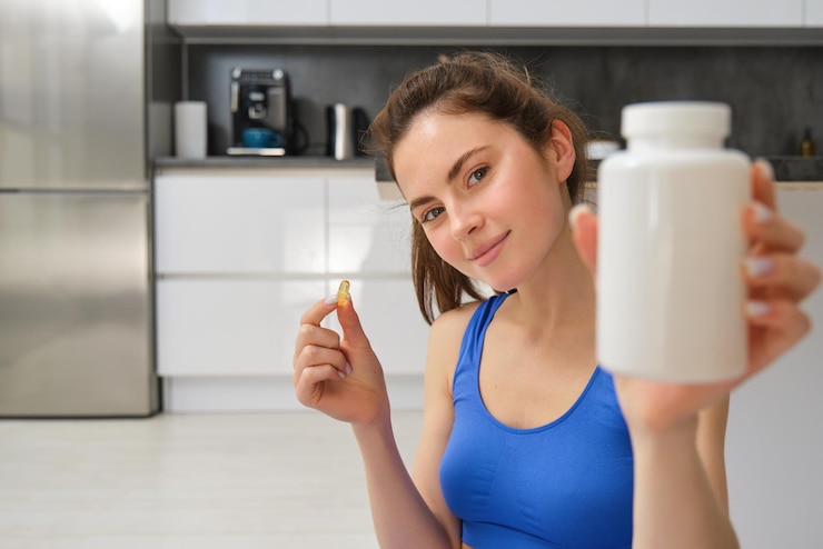 Foto gratuito primer plano retrato de una joven instructora de fitness mostrando una botella de vitaminas tomando cogollos