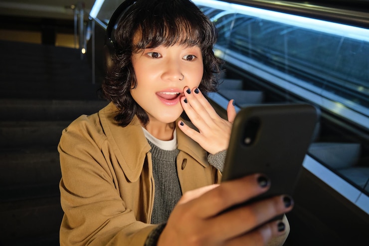 Foto gratuito primer plano retrato de niña coreana se ve sorprendida por el teléfono móvil lee algo increíble en smarptho