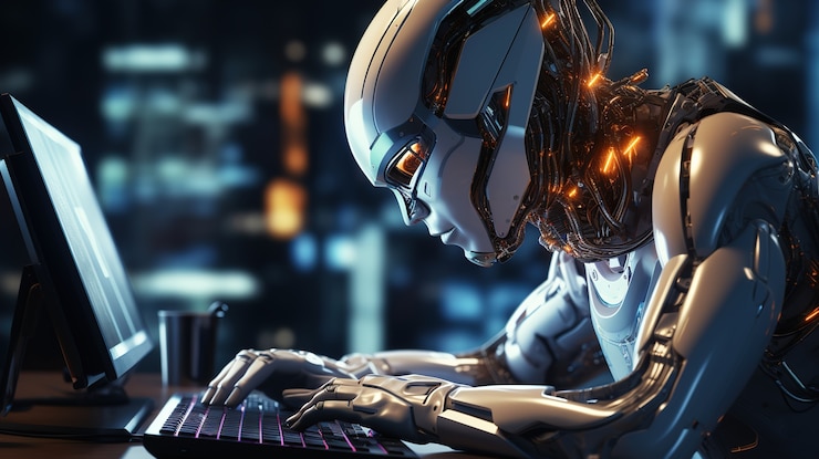Foto gratuito un primer plano de un robot antropomórfico trabajando en una computadora