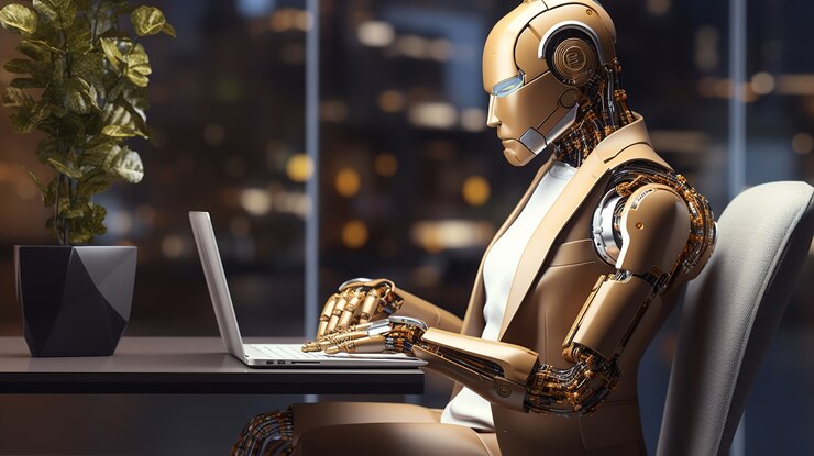 Foto gratuito un primer plano de un robot antropomórfico trabajando en una computadora