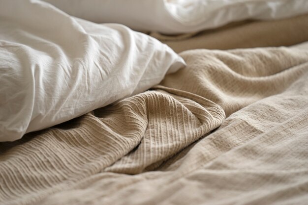 Primer plano de ropa de cama, almohadas y sábanas