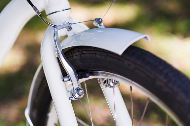 Primer plano de la rueda delantera de una bicicleta.