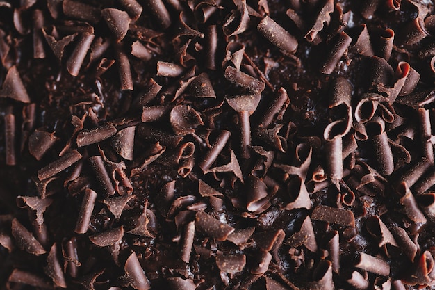 Primer plano de una sabrosa tarta de chocolate con trozos de chocolate en una bandeja para hornear. De cerca.