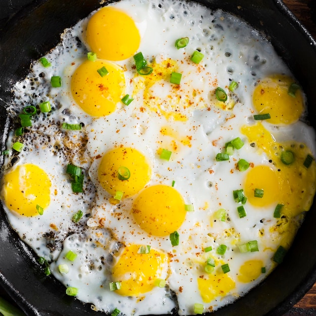 Primer plano sartén con huevos fritos