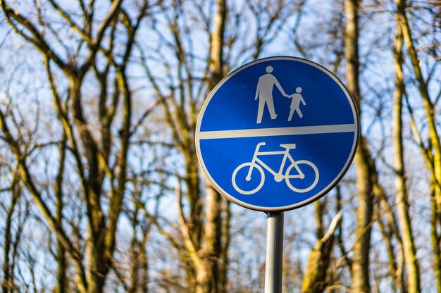 Primer plano de una señal de carretera azul para personas y bicicletas bajo la luz del sol con un fondo borroso