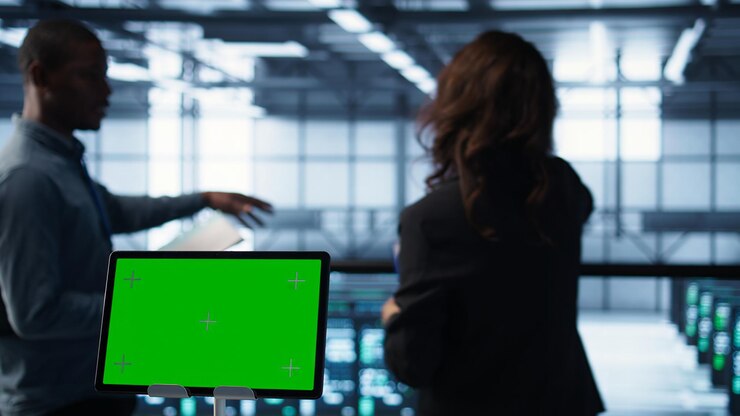 Foto gratuito un primer plano de la tableta chroma key junto a los científicos de datos de la sala de servidores