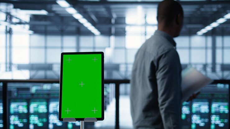 Foto gratuito un primer plano de la tableta chroma key junto a los compañeros de trabajo examinando el centro de datos
