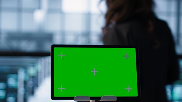 Primer plano de la tableta chroma key y los programadores de trabajo en equipo en la sala del servidor