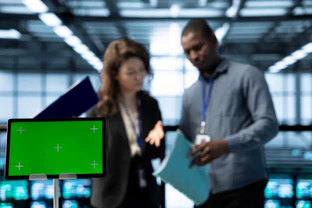 Un primer plano de la tableta de pantalla verde frente a los empleados que supervisan la sala del servidor