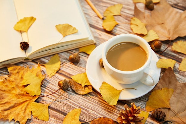 Primer plano de una taza de café y hojas de otoño sobre la superficie de madera