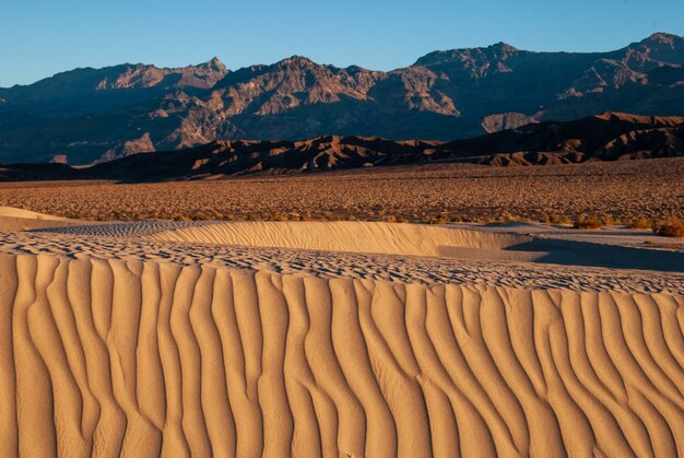 Primer plano de una textura de onda de arena en el desierto en la colina de arena frente a las rocas