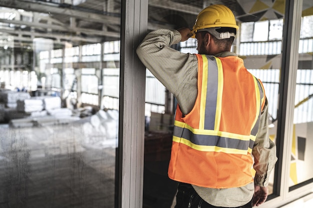 Primer plano del trabajador parado frente a las ventanas y mirando dentro