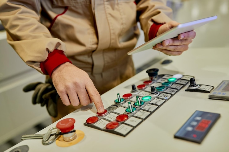 Foto gratuito primer plano de un trabajador que opera una máquina automatizada para el procesamiento de la madera en una fábrica